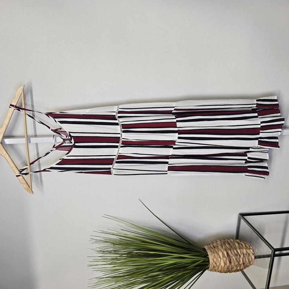 Ellison Striped Tiered Midi Dress Red White Blue Boho Strappy TD7569-6 Medium